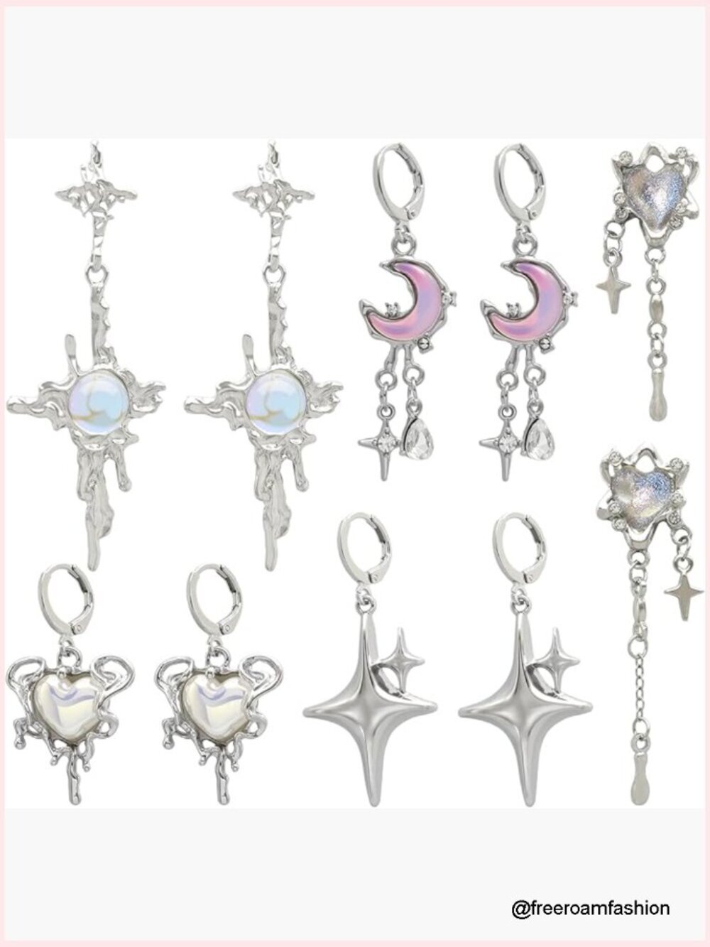 4 Pairs Y2K Moonstone Spike Star Hoop Earrings Set Women Grunge Emo Goth Dangle
